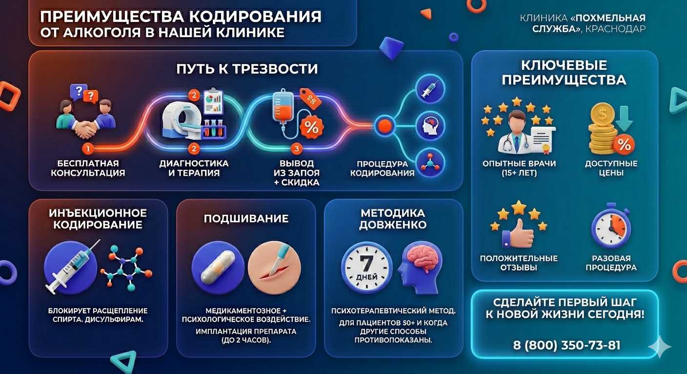 Инфографика о методах кодирования от алкоголя в Надыме: инъекции, подшивание, метод Довженко. Преимущества клиники и этапы лечения.
