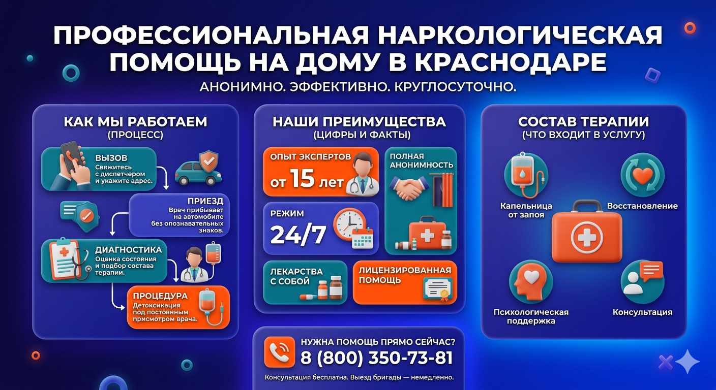 Инфографика о принципах лечения алкоголизма на дому в Надыме: этапы вызова нарколога, преимущества анонимной детоксикации и состав медицинской помощи.